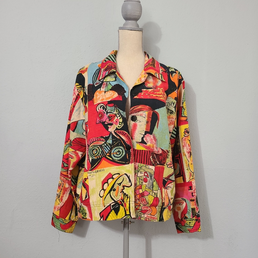 Picasso Cubism Modern Art VTG 80s Linen Jacket Kaktus Wearable Art Shacket Sz L